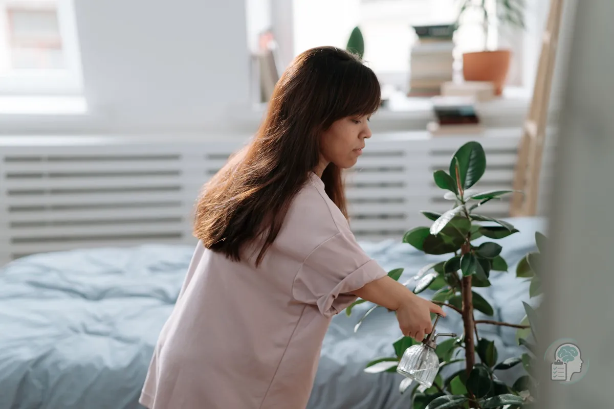 Mujer regando una planta por la mañana en su habitación, una pequeña actividad de las que se recuperan con la activación conductual en la depresión