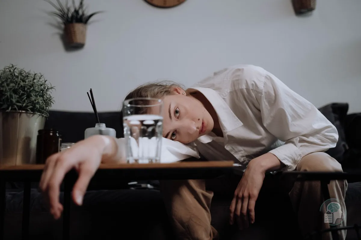 Mujer agotada que apoya la cabeza en la mesa del salón junto a un vaso de agua, con la mirada perdida, una imagen del agotamiento emocional