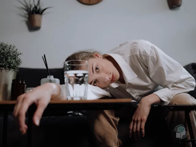 Mujer agotada que apoya la cabeza en la mesa del salón junto a un vaso de agua, con la mirada perdida, una imagen del agotamiento emocional