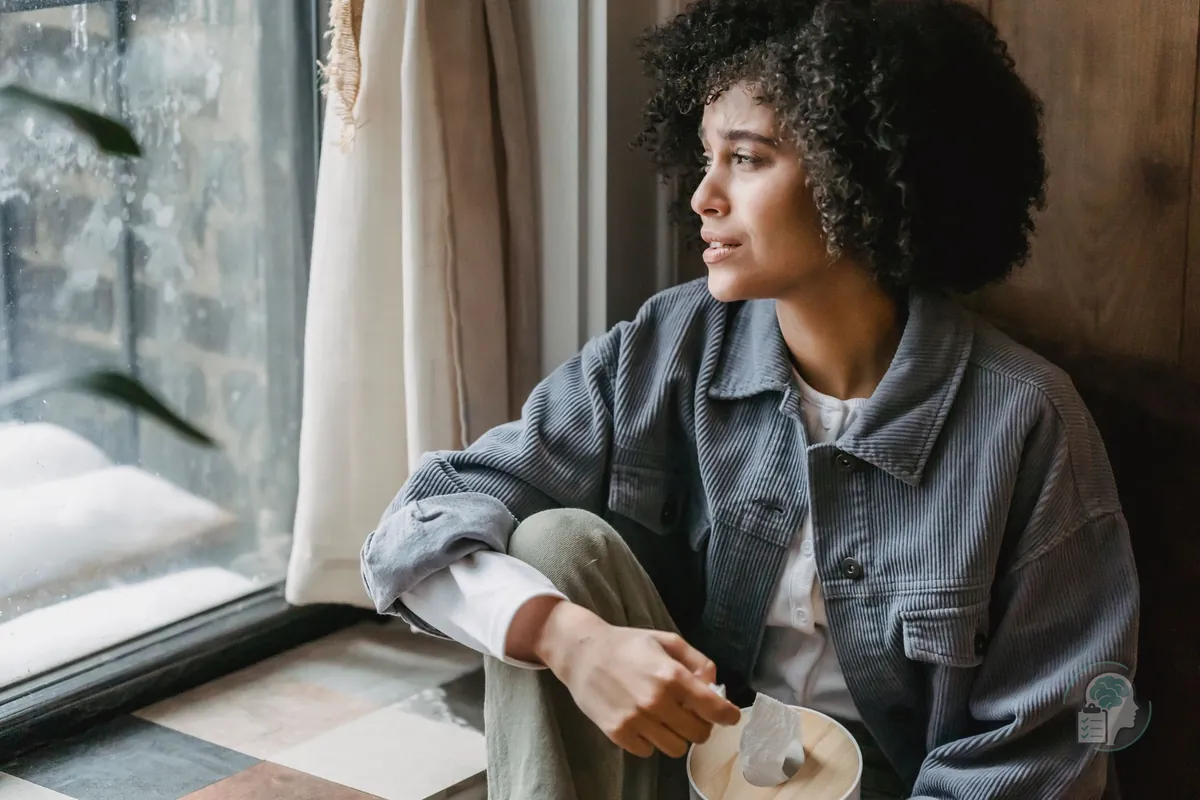 Mujer pensativa con una taza junto a la ventana, preguntándose si lo que siente es ansiedad o depresión