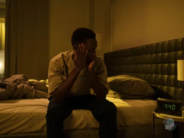 Hombre sentado en el borde de la cama de madrugada con la mano en la cabeza y el despertador marcando las 4:40