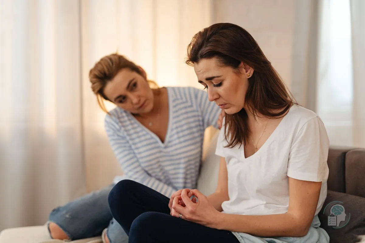 Woman comforting a friend on the sofa at home, asking for support is the first step out of emotional abuse