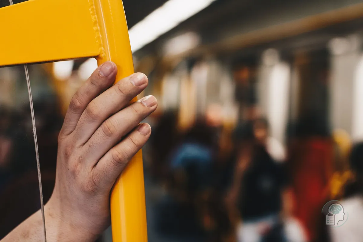 Mano agarrada con fuerza a la barra de un vagón de metro lleno de gente durante un ataque de pánico