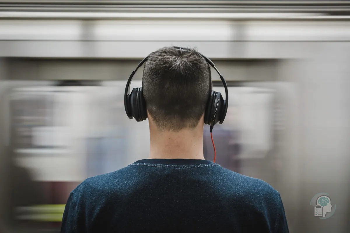 Joven con auriculares de diadema en el andén mientras pasa el metro, una forma habitual de reducir el ruido ante la sobrecarga sensorial