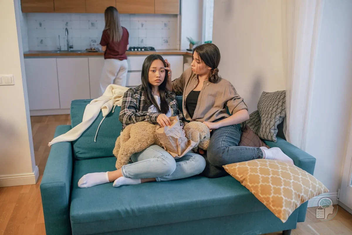 Mujer consolando a una amiga sentada en el sofá de casa mientras la acompaña