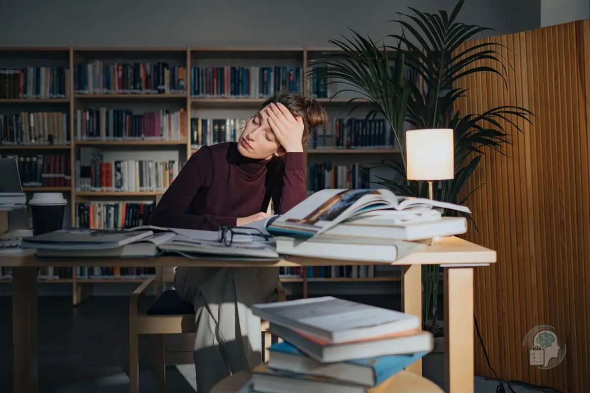 Estudiante agotada en una biblioteca con la mano en la frente y montones de libros sobre la mesa, una imagen del burnout académico