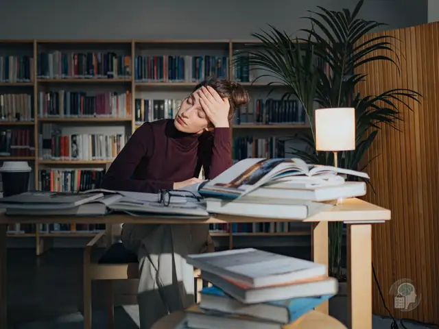 Estudiante agotada en una biblioteca con la mano en la frente y montones de libros sobre la mesa, una imagen del burnout académico