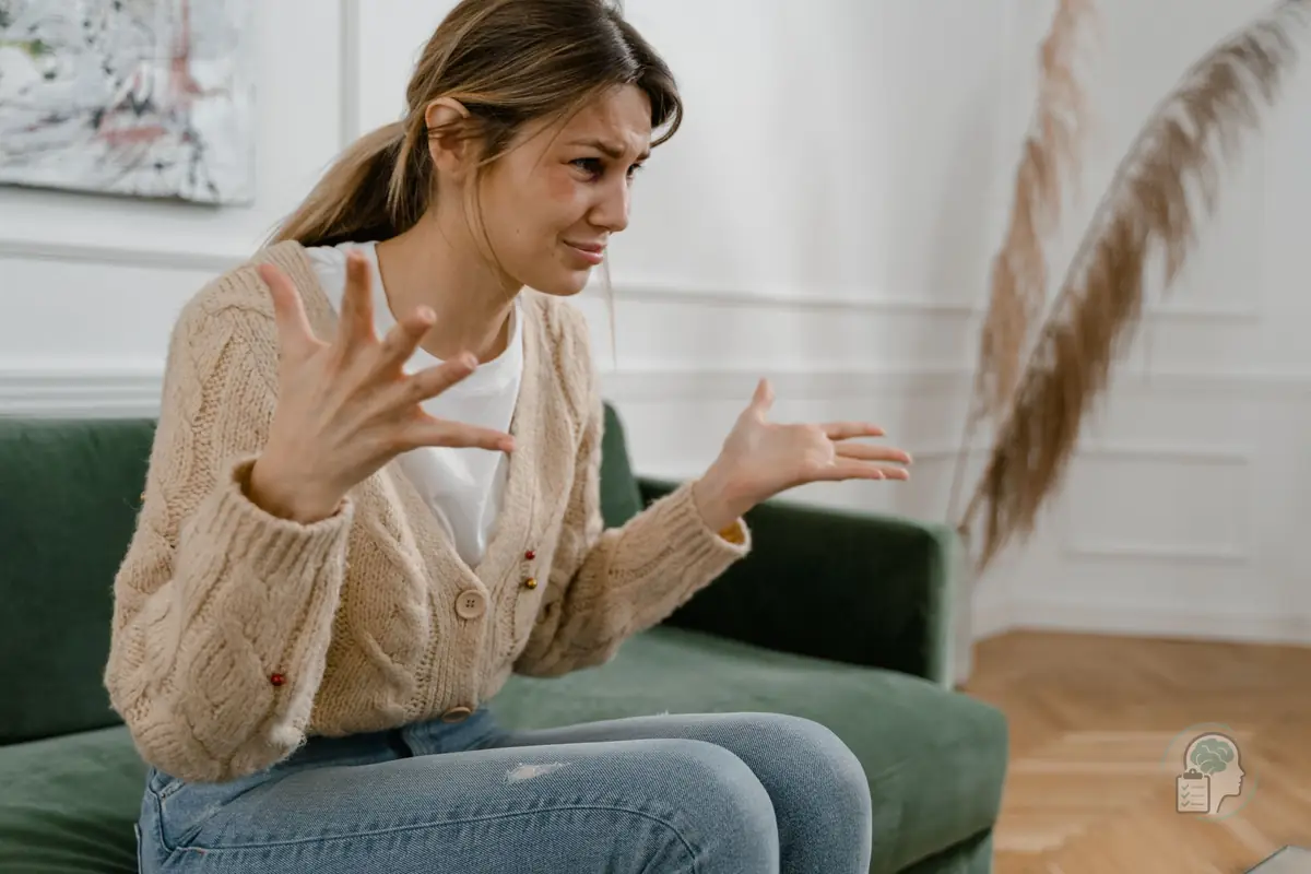 Mujer sentada en el sofá que gesticula con las dos manos, a medio camino entre el enfado y el llanto, una imagen de los cambios de humor bruscos