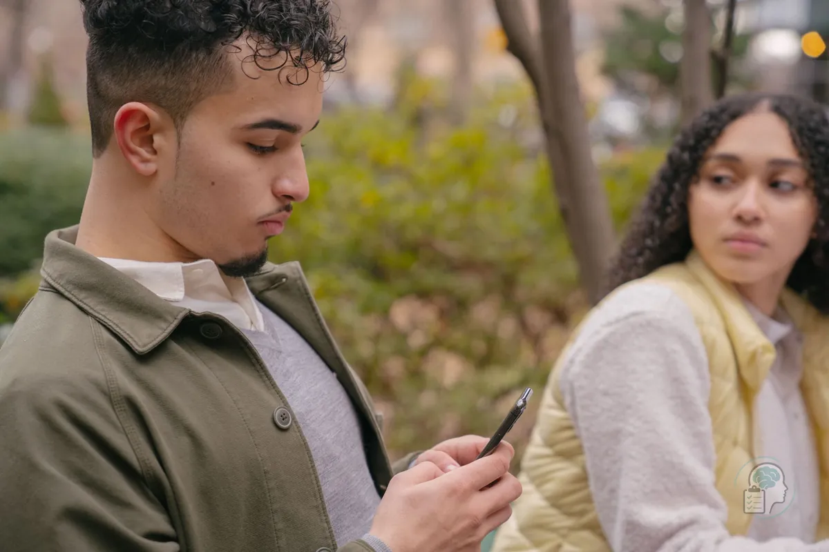 Mujer mirando con recelo a su pareja mientras él escribe en el móvil, una escena típica de los celos en la pareja