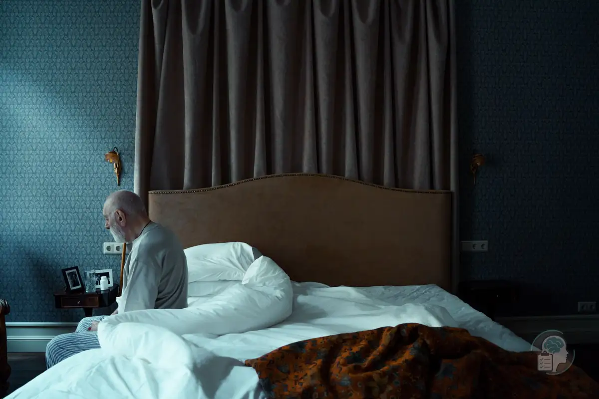 Hombre mayor sentado en el borde de la cama a primera hora; con la edad, la hora de despertarse tiende a adelantarse