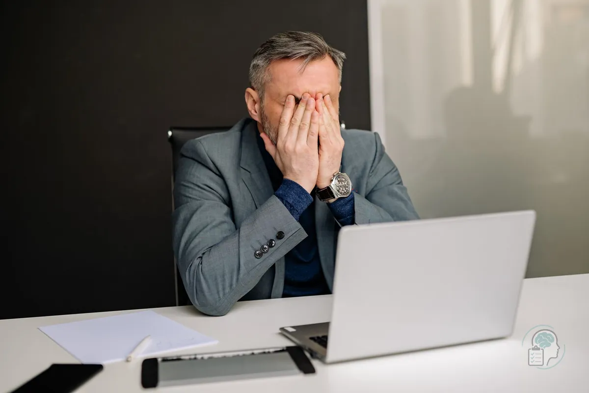 Hombre en la oficina que se tapa la cara ante el portátil, como la frustración de escribir con dislexia sin saberlo