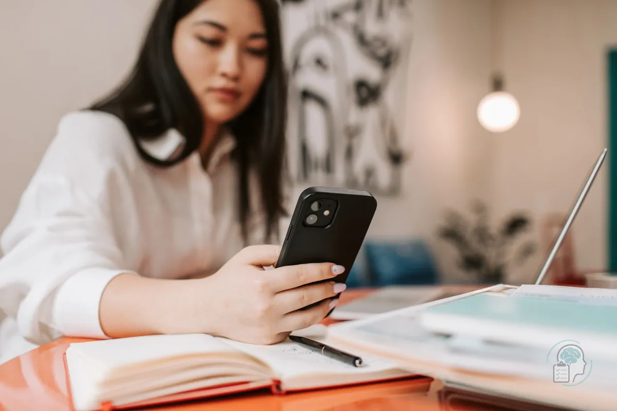 Mujer mirando el móvil con el cuaderno abierto y el portátil delante, en pleno ciclo de procrastinación