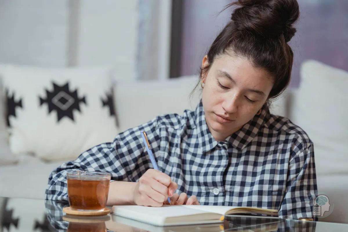 Joven escribiendo en una libreta en el salón con una taza de té, como en los ejercicios de terapia para la autoestima