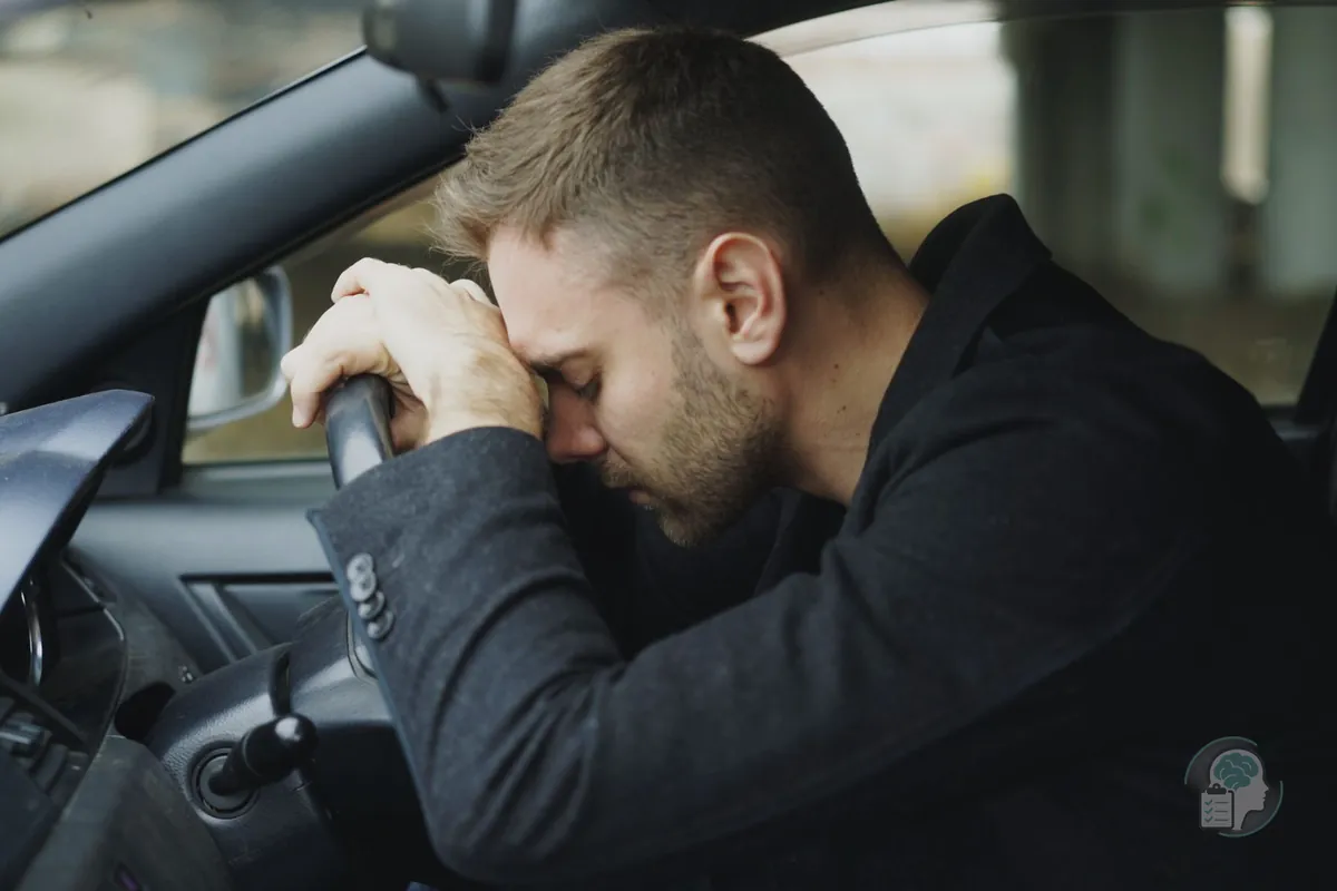 Hombre con la frente apoyada sobre el volante al volver a conducir, una reacción de estrés postraumático tras un accidente