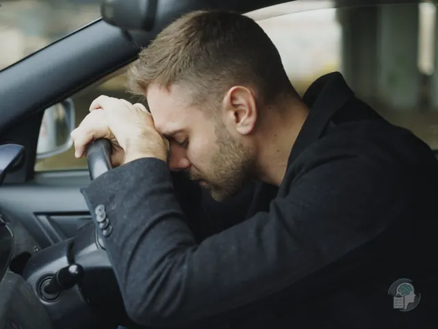 Hombre con la frente apoyada sobre el volante al volver a conducir, una reacción de estrés postraumático tras un accidente