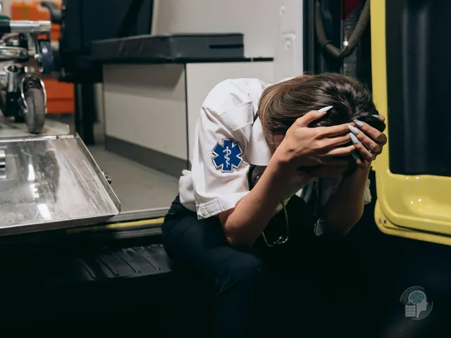 Técnica de emergencias sentada en la puerta de una ambulancia con la cabeza entre las manos, una imagen de la fatiga por compasión