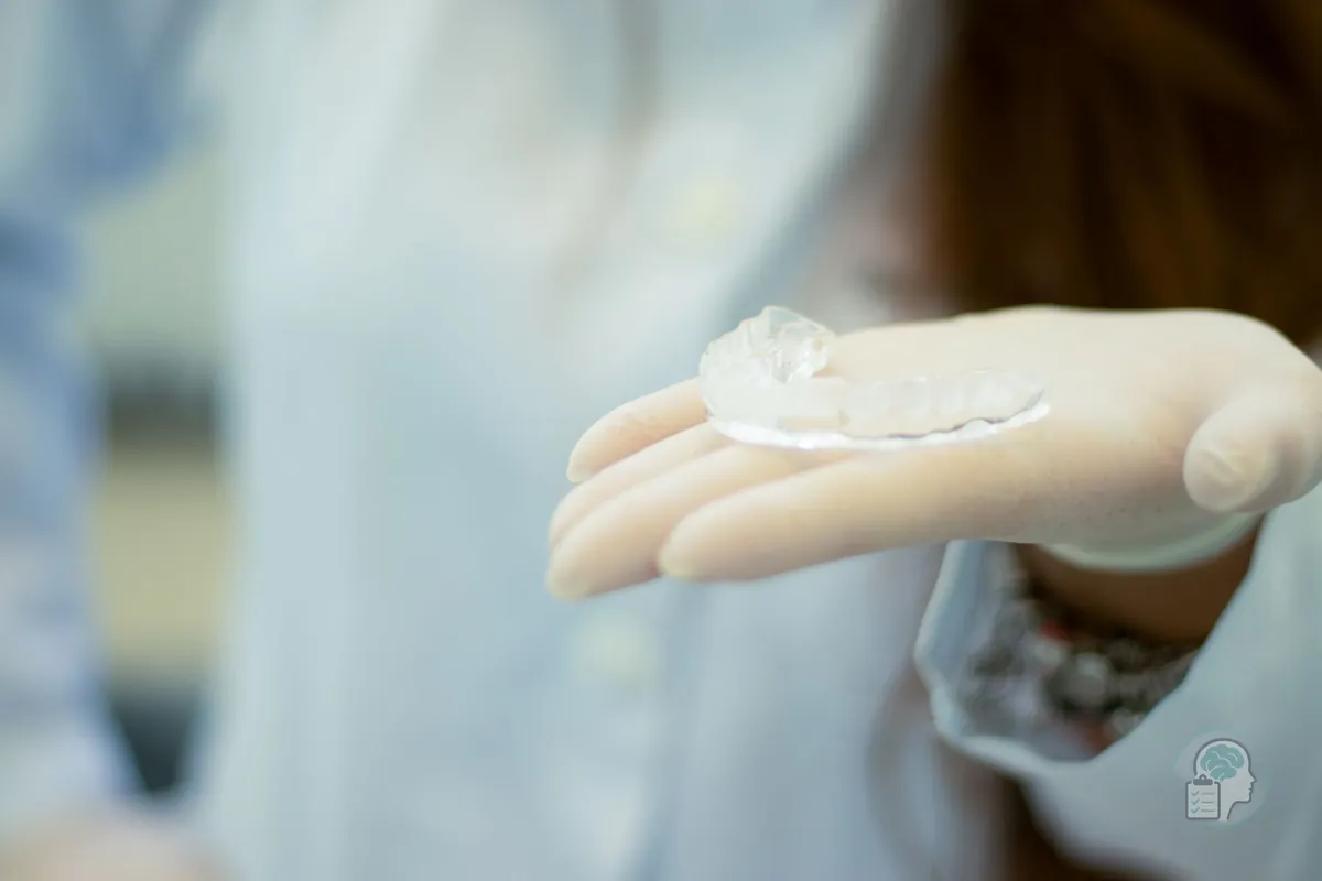 Mano enguantada que muestra una férula de descarga transparente en una consulta dental, el protector que se lleva por la noche para cuidar los dientes del bruxismo