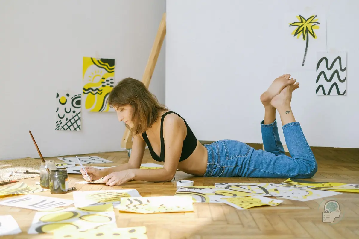 Mujer tumbada en el suelo dibujando, absorta en su trabajo y rodeada de láminas, una imagen del hiperfoco en una afición