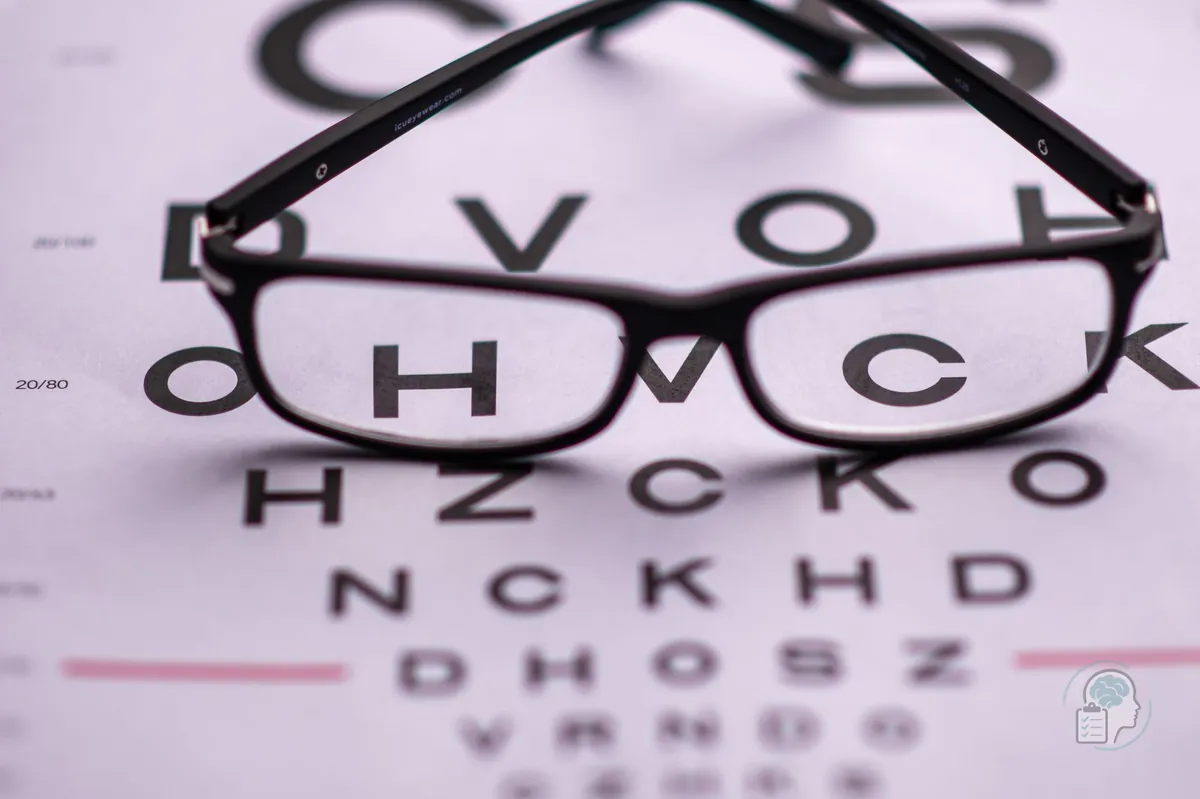 Gafas apoyadas sobre una tabla optométrica con letras de distintos tamaños, como en la revisión de la vista que conviene hacer si lees cada vez más lento