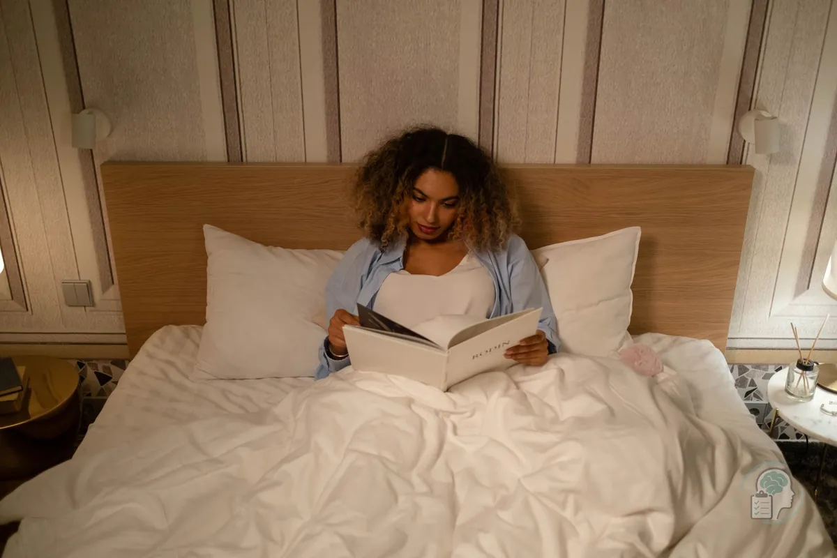 Mujer leyendo un libro de papel en la cama antes de dormir, una alternativa a las pantallas para mejorar la higiene del sueño