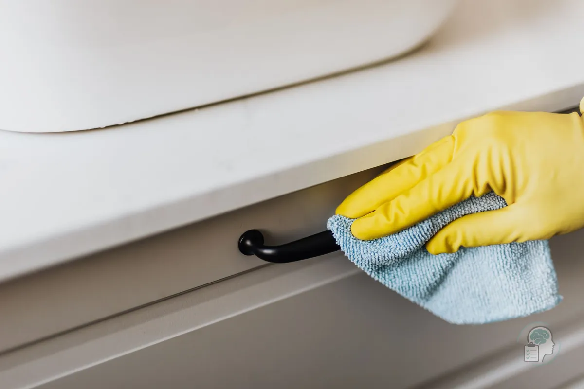Mano con guante amarillo que limpia el tirador de un mueble con un trapo, una de las superficies que se limpian una y otra vez en el TOC de contaminación