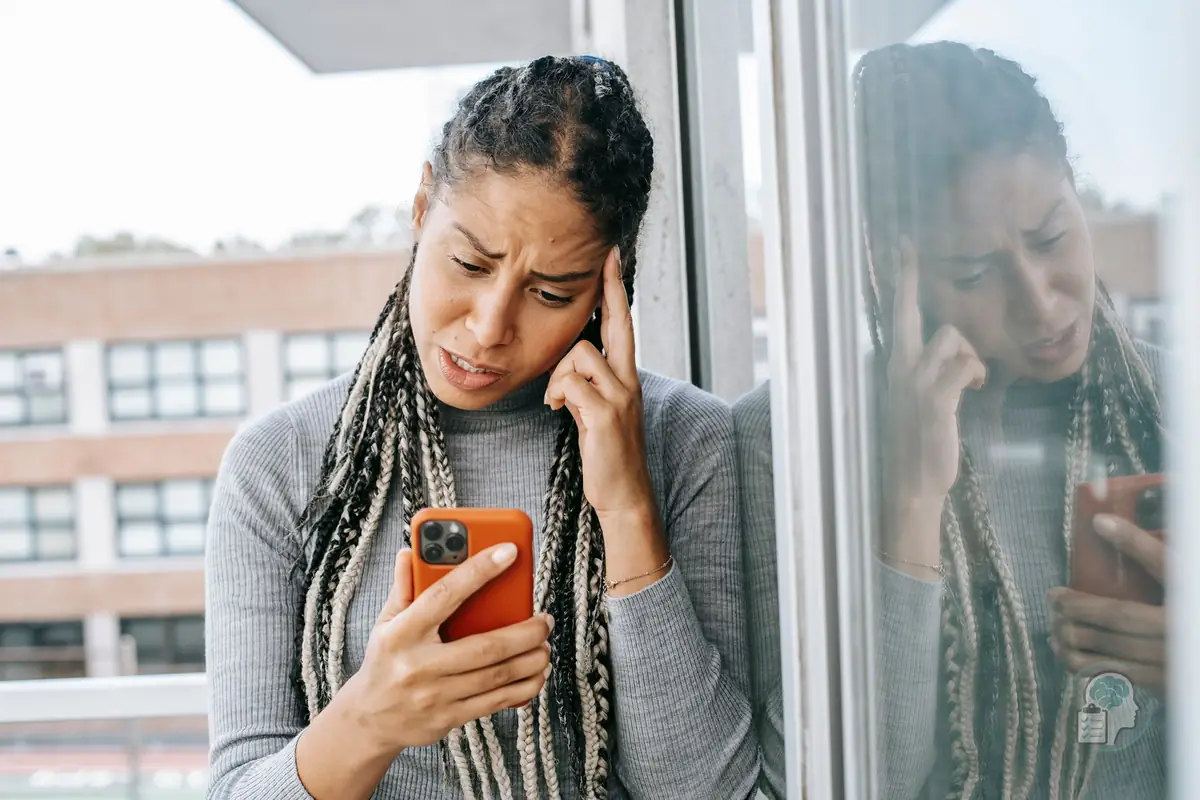 Worried woman reading a message on her phone, a common situation in emotional abuse within a relationship