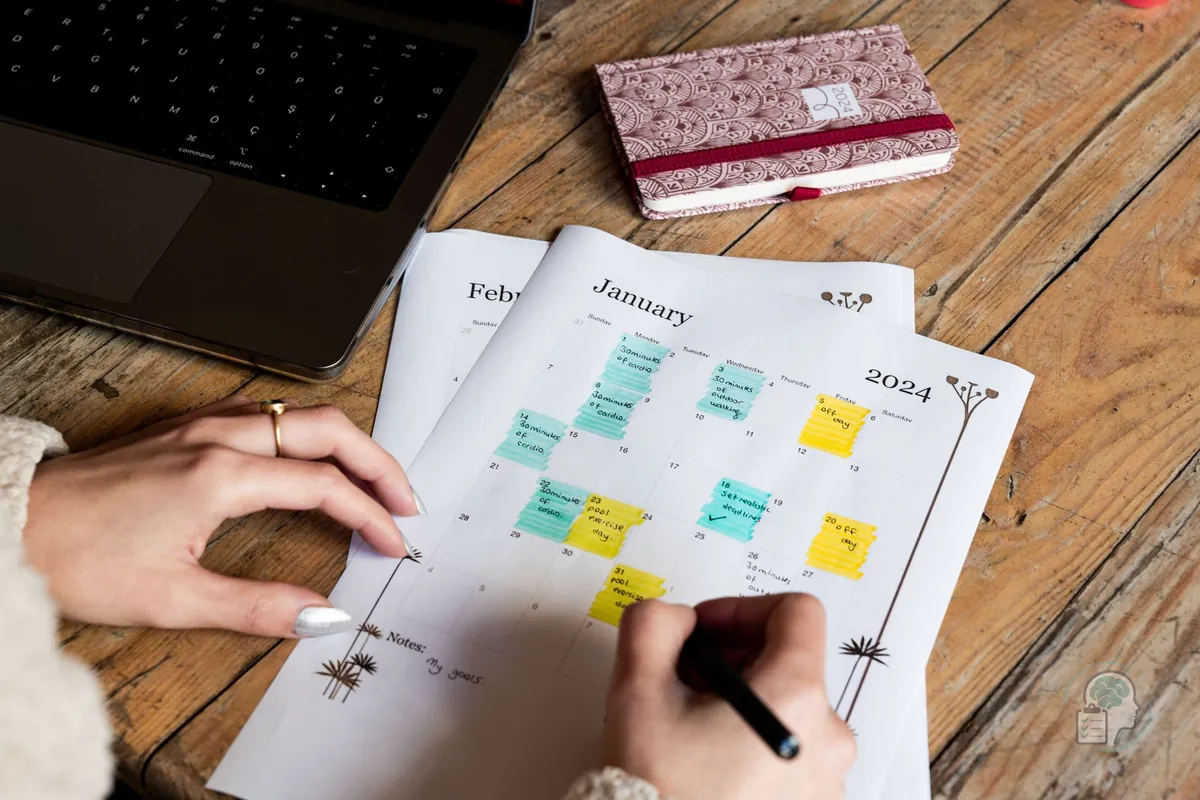 Hands organising a monthly paper calendar with coloured sticky notes, a common strategy for executive function difficulties