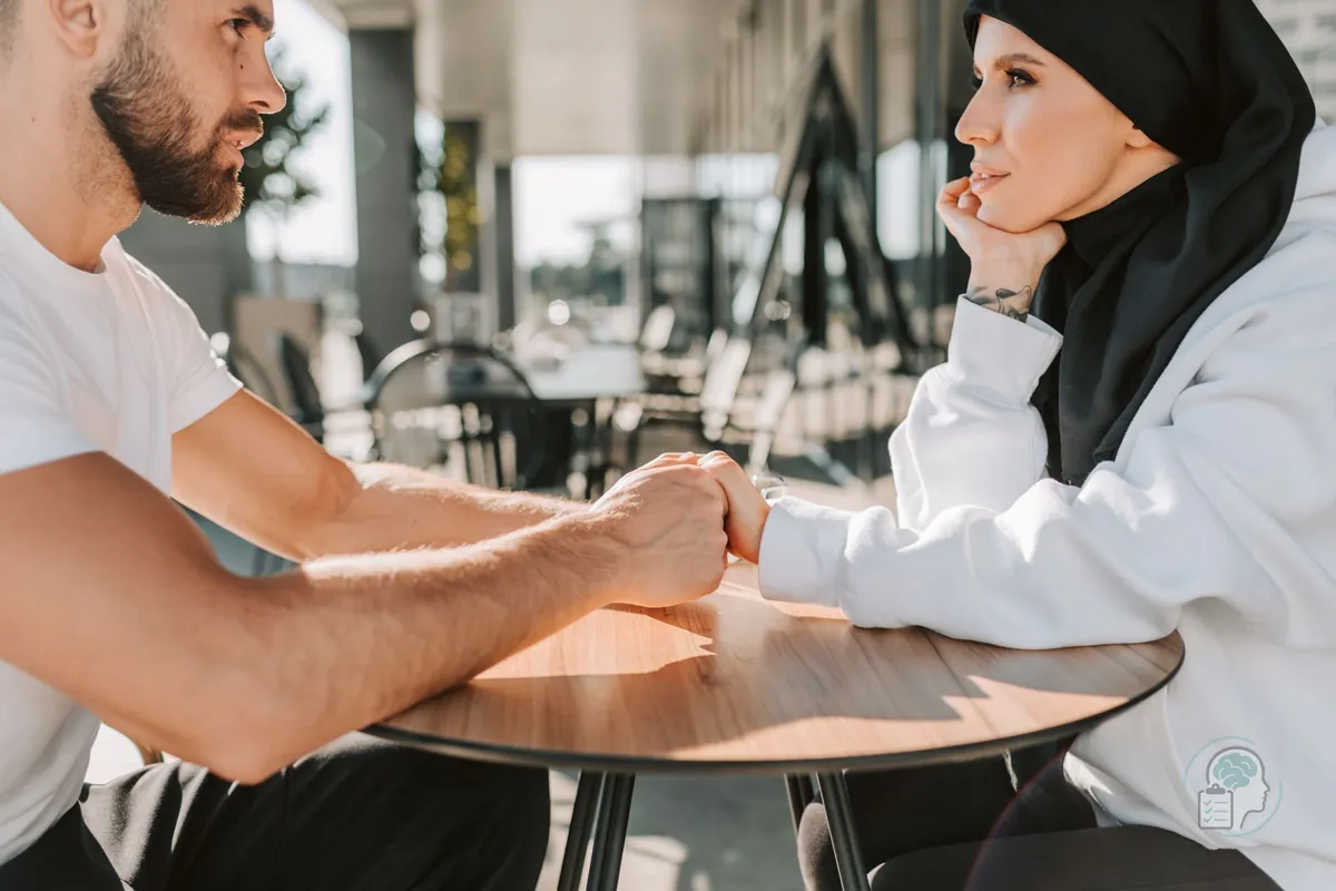 Pareja cogida de la mano hablando con calma en una terraza, una forma de pedir cercanía sin la angustia del apego ansioso