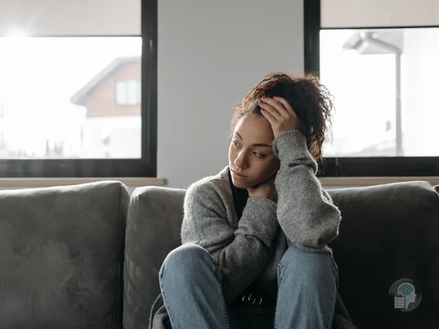 Mujer pensativa sentada en el sofá con la mano en la cabeza, dándole vueltas a un pensamiento intrusivo