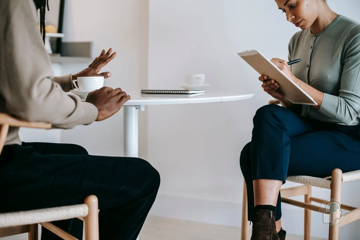 Psicóloga tomando notas durante la primera sesión mientras su paciente le explica lo que le ocurre