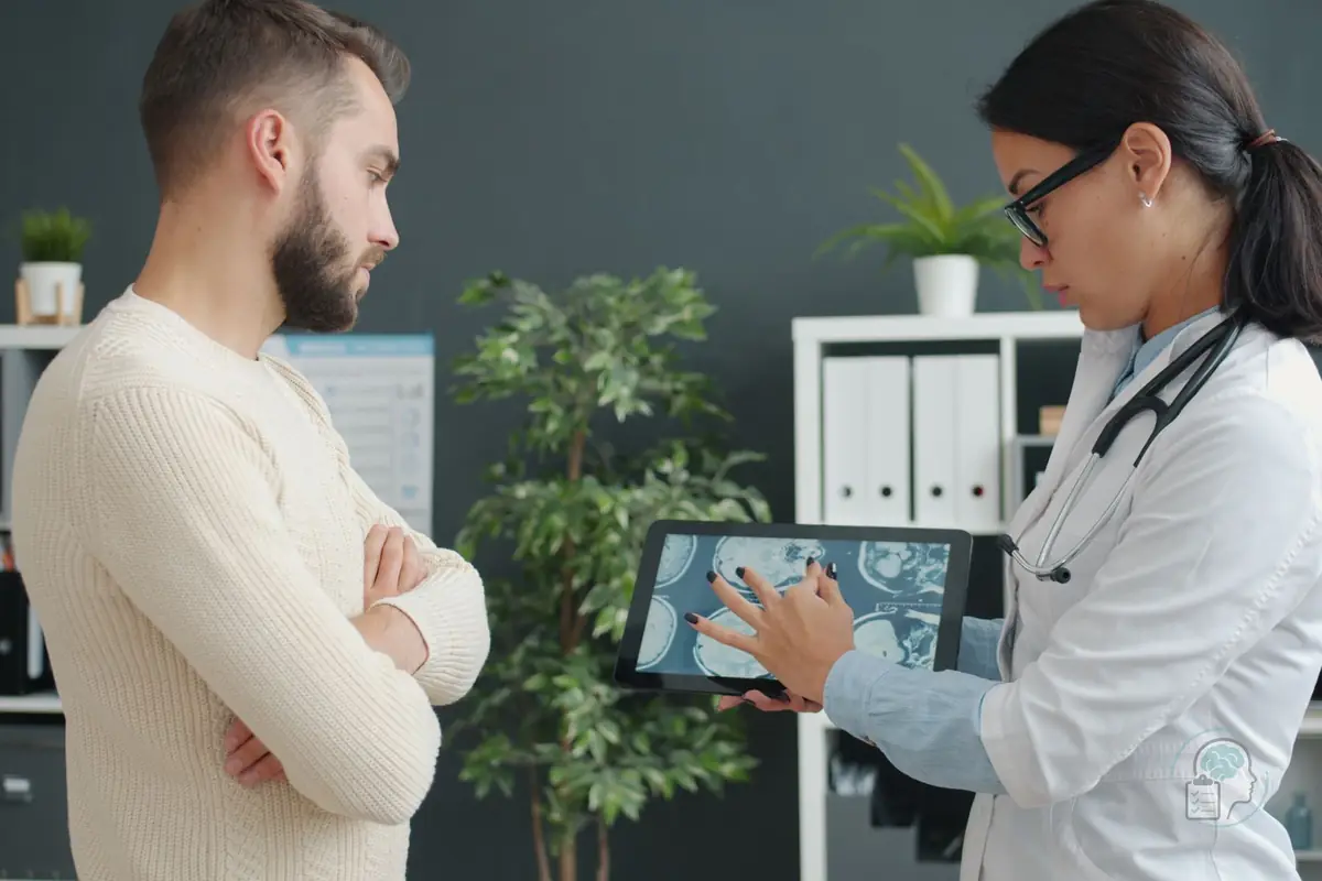 Doctora que muestra una resonancia en la tableta a un paciente de brazos cruzados, como cuando las pruebas normales no tranquilizan en la hipocondría