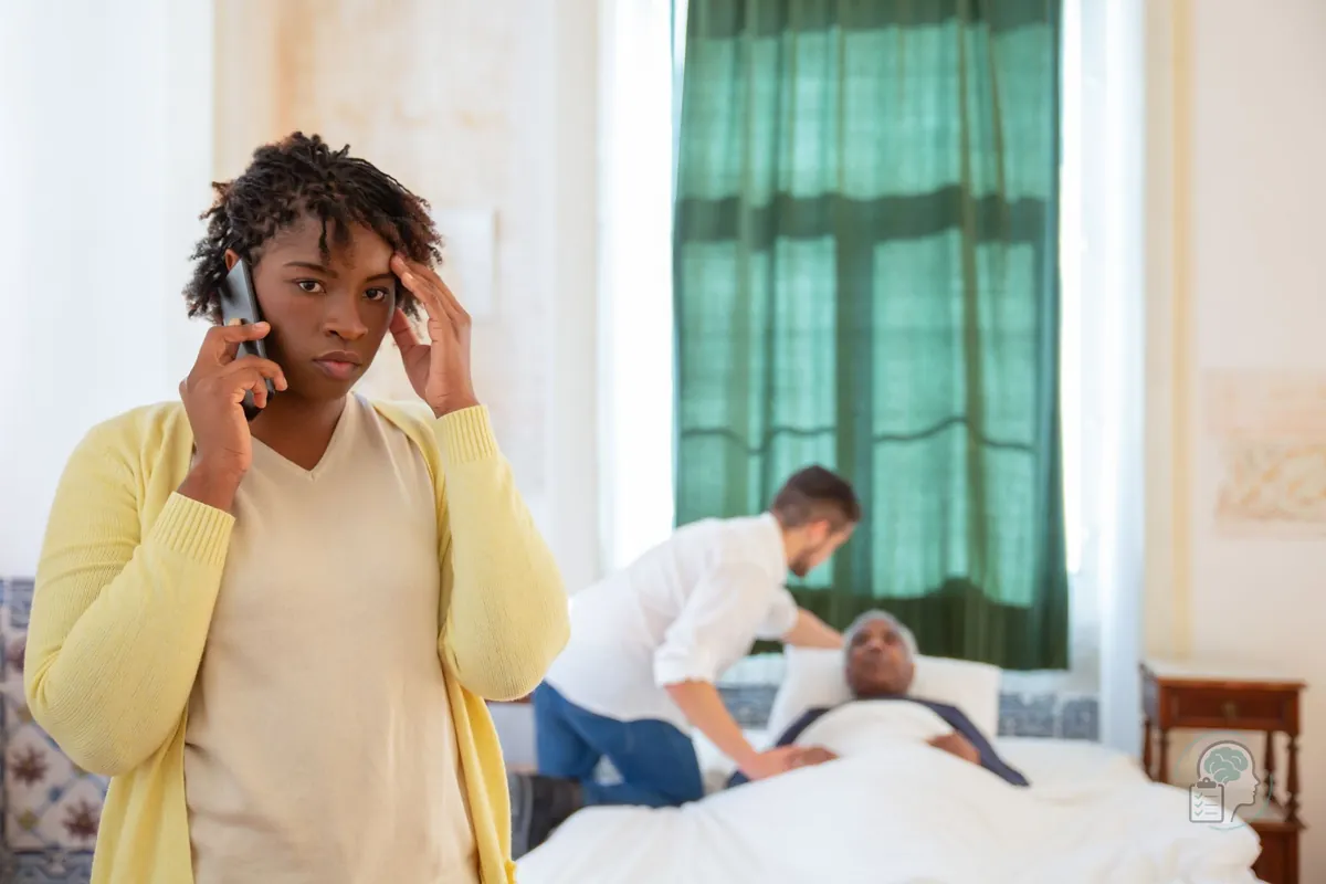 Mujer preocupada que habla por teléfono con la mano en la sien mientras al fondo atienden a un familiar mayor en la cama, una imagen del síndrome del cuidador