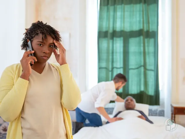 Mujer preocupada que habla por teléfono con la mano en la sien mientras al fondo atienden a un familiar mayor en la cama, una imagen del síndrome del cuidador