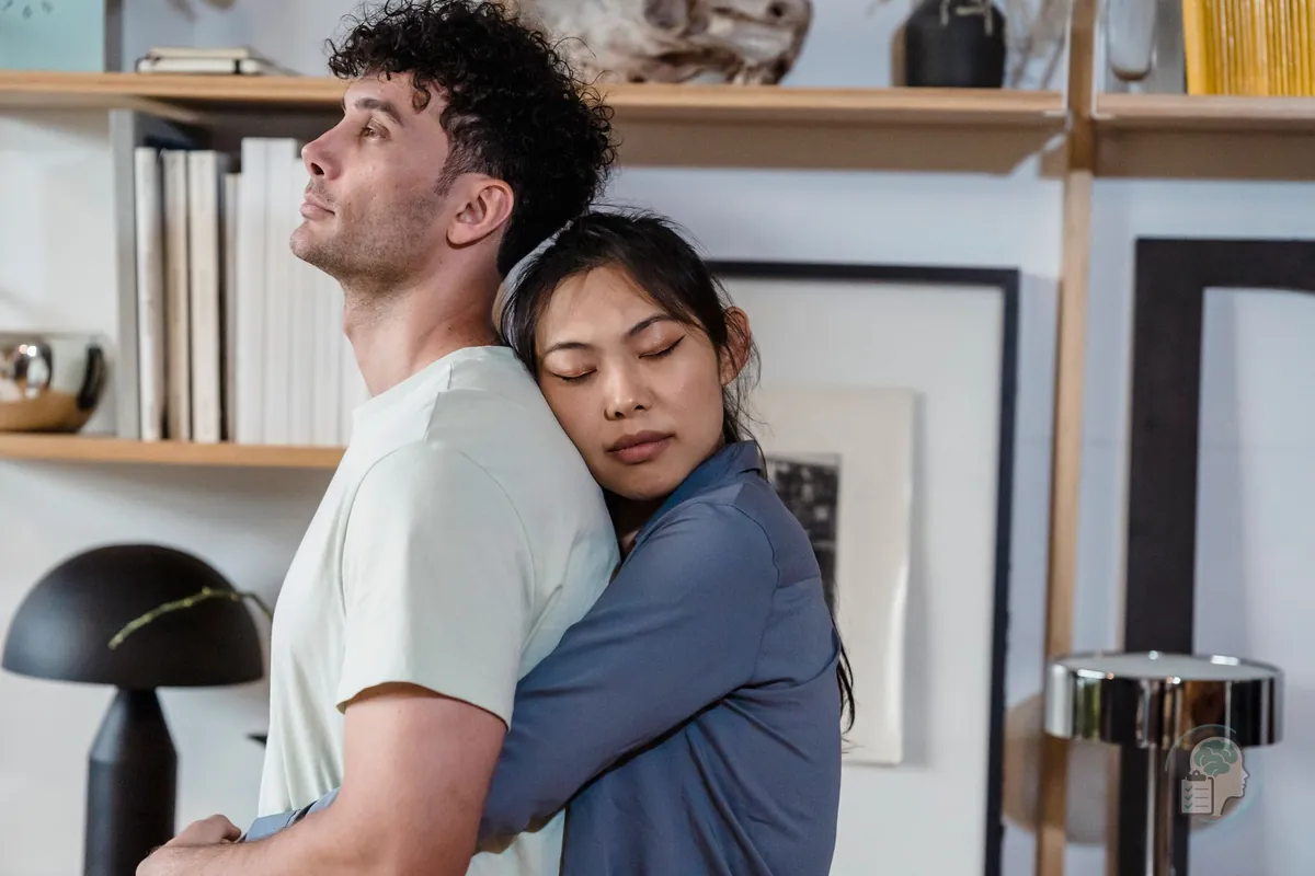 Woman holding tightly onto her partner's back while he looks away, an image of emotional dependency