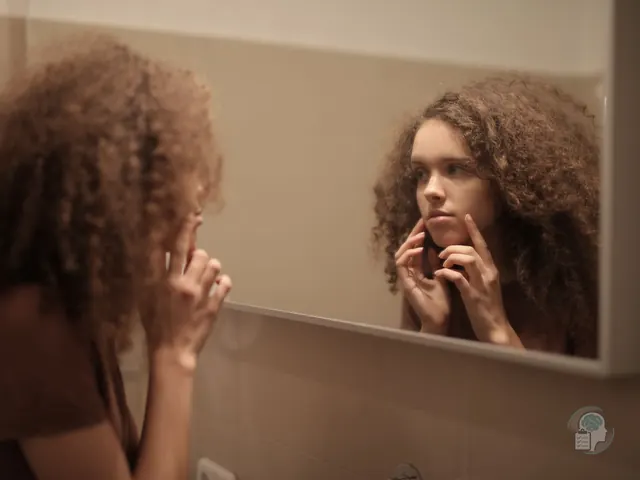 Joven que se examina la cara de cerca en el espejo del baño con gesto serio, una imagen de la dismorfia corporal
