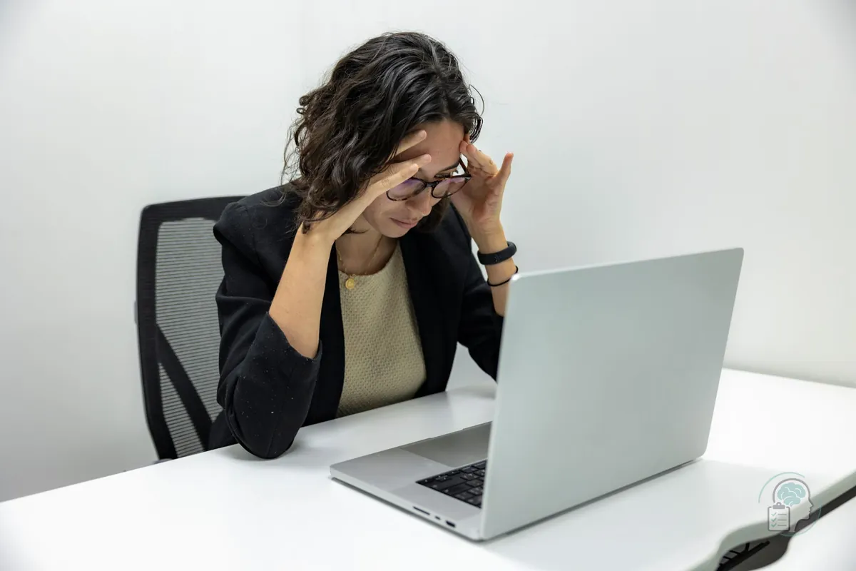 Mujer con gafas y americana negra sentada en su mesa de trabajo, con las manos en las sienes frente al portátil, una imagen del estrés laboral y el burnout