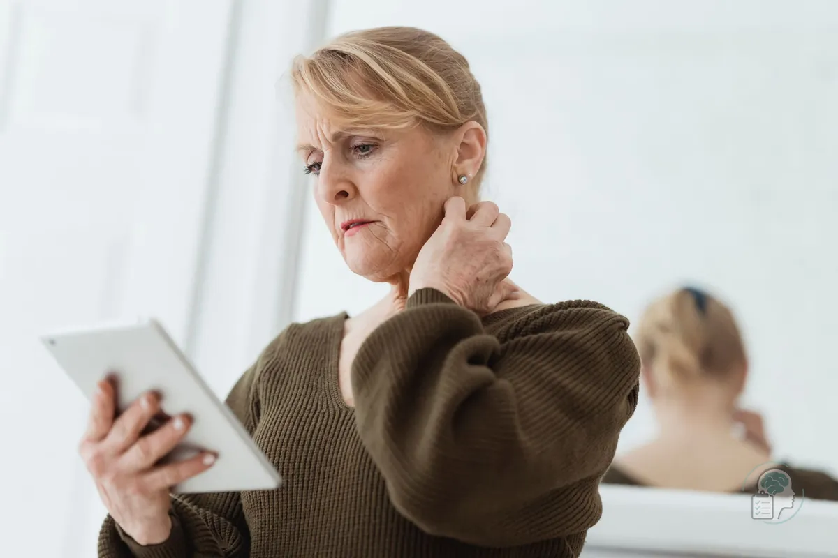 Mujer madura que se toca el cuello mientras busca síntomas en la tableta, una imagen de la hipocondría o ansiedad por la salud
