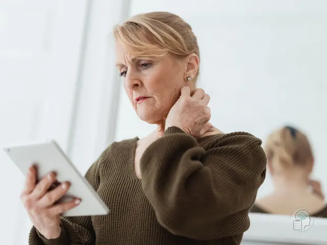 Mujer madura que se toca el cuello mientras busca síntomas en la tableta, una imagen de la hipocondría o ansiedad por la salud