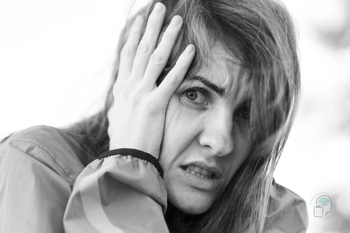 Mujer con expresión de miedo que se lleva la mano a la cabeza, en una imagen en blanco y negro que refleja un ataque de pánico
