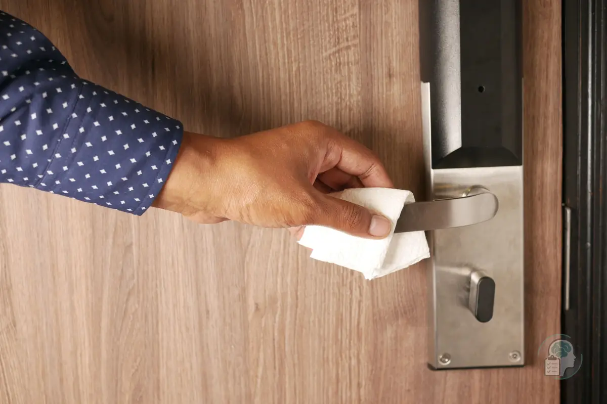 Mano que abre una puerta sujetando la manilla con un pañuelo de papel para no tocarla, un gesto habitual en el TOC de contaminación
