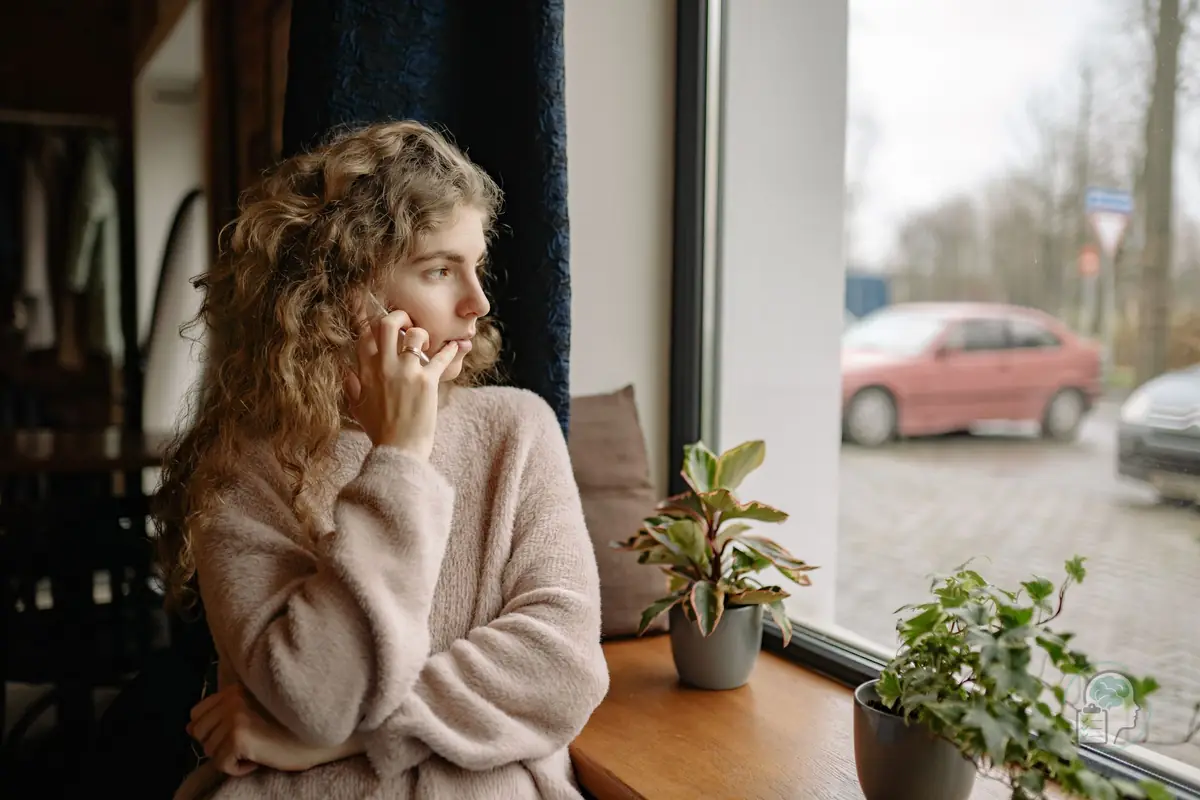 Mujer pensativa que habla por teléfono junto a la ventana de su casa, una escena habitual de la nostalgia de vivir en el extranjero