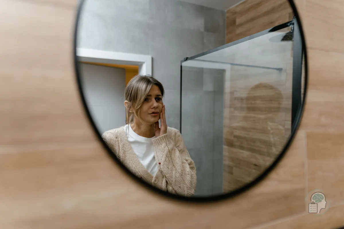 Mujer mirándose con preocupación en el espejo del baño, una imagen de la baja autoestima