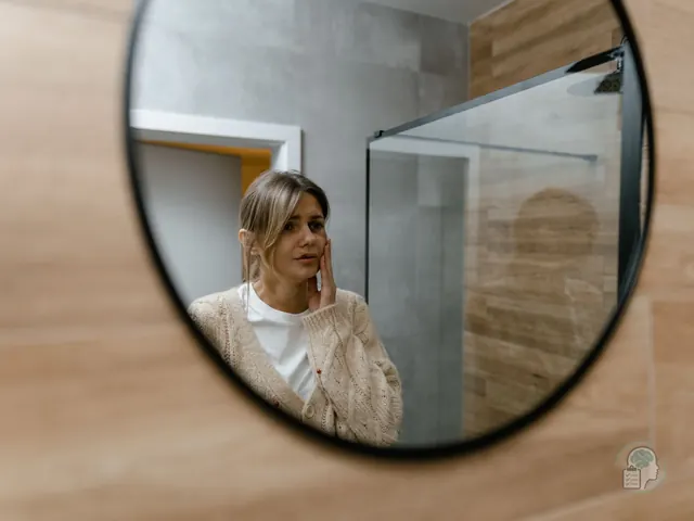 Mujer mirándose con preocupación en el espejo del baño, una imagen de la baja autoestima