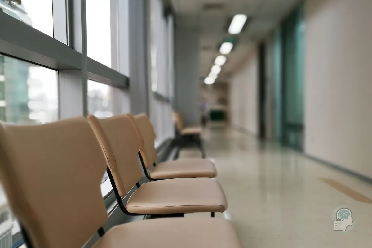 Cadires buides al passadís d'un centre sanitari, l'espera per accedir al psicòleg per la Seguretat Social