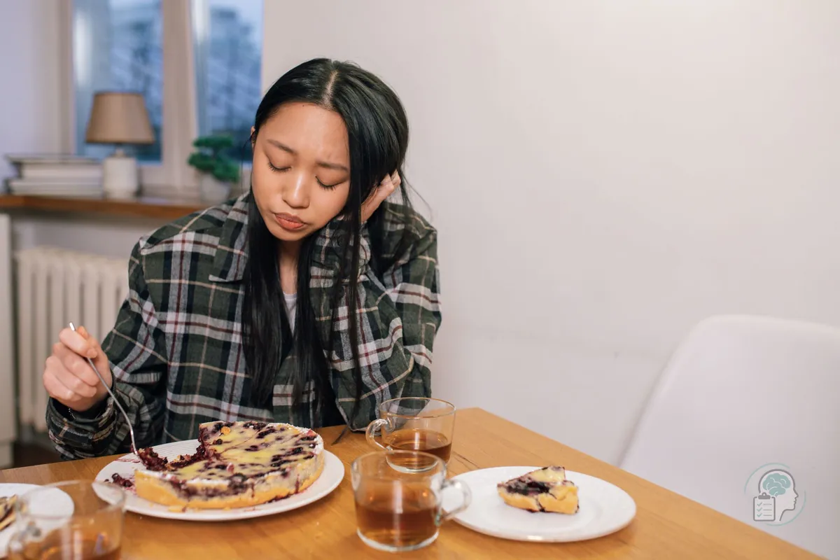 Mujer joven sentada a la mesa que come de una tarta entera con gesto abatido, una imagen del trastorno por atracón