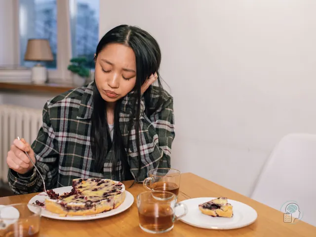 Mujer joven sentada a la mesa que come de una tarta entera con gesto abatido, una imagen del trastorno por atracón