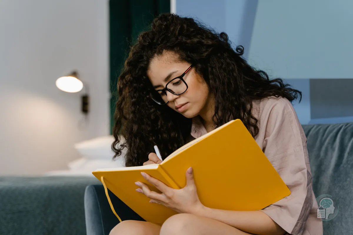Woman writing down her mood, hours of sleep and energy in a notebook to spot cyclothymia cycles