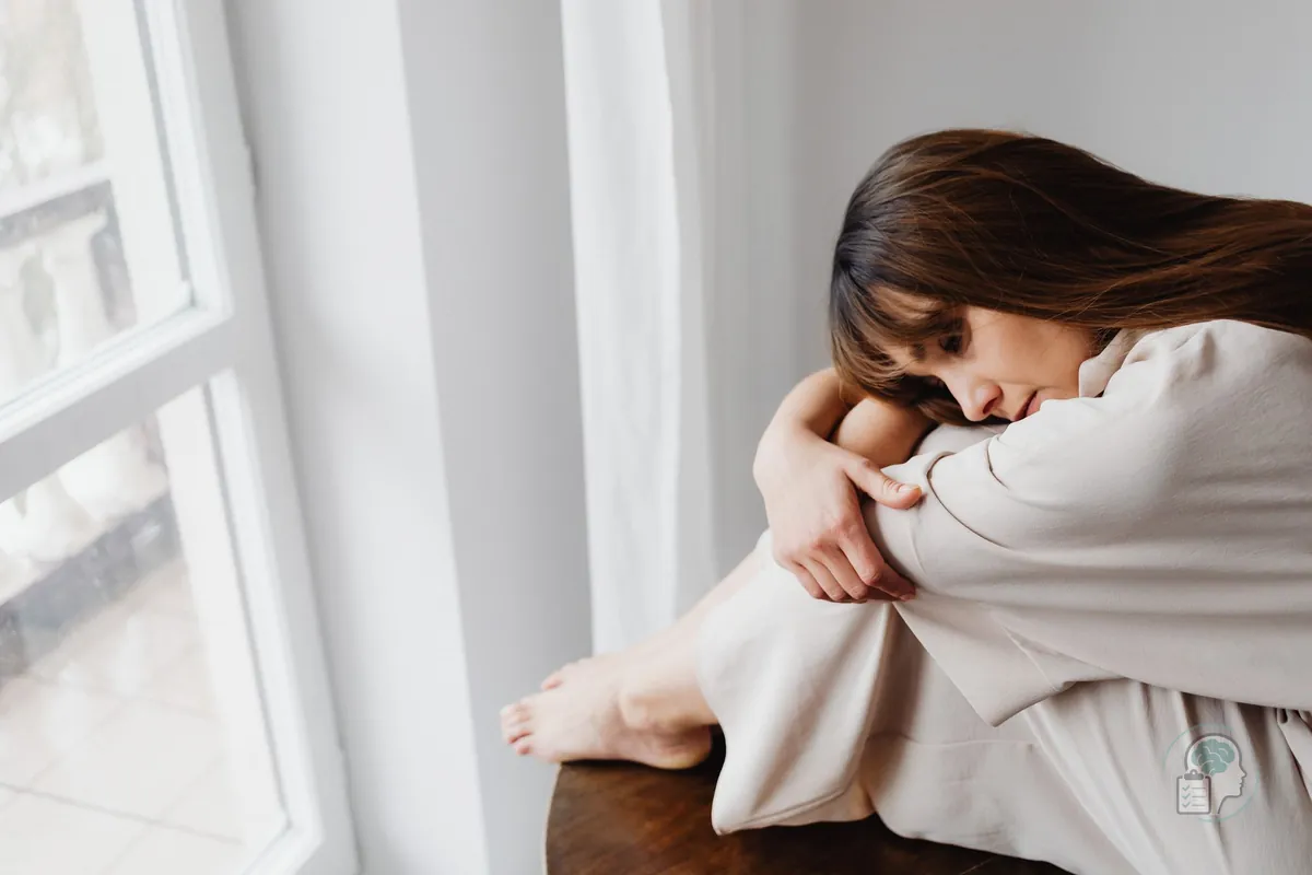 Mujer sentada junto a la ventana abrazándose las rodillas, desbordada por sus emociones