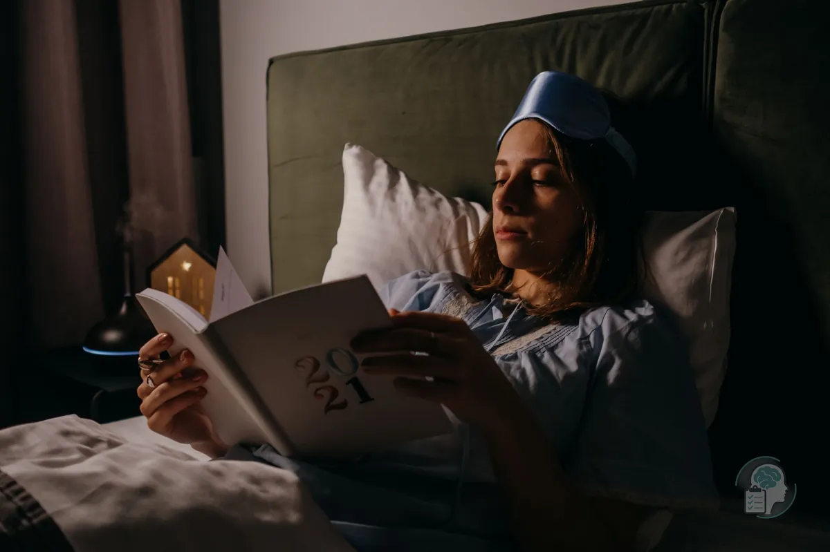 Mujer en la cama con luz tenue escribiendo en una libreta antes de dormir para sacar las preocupaciones de la cabeza