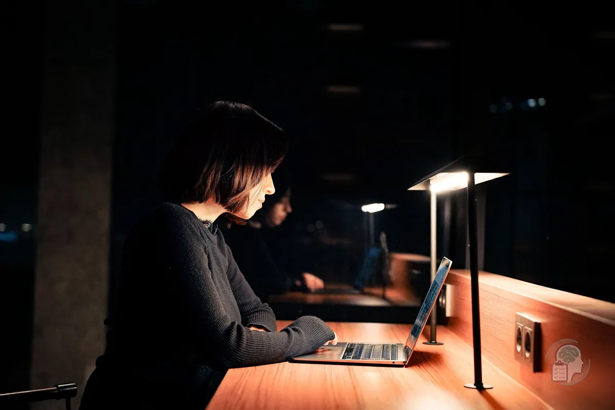 Mujer trabajando de noche bajo la luz de un flexo, la sobrepreparación típica del síndrome del impostor